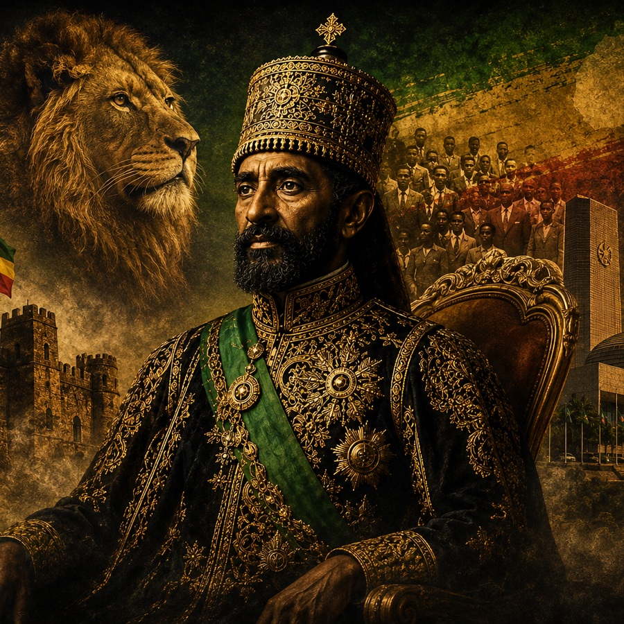 Close artistic portrait of Haile Selassie I in ceremonial dress