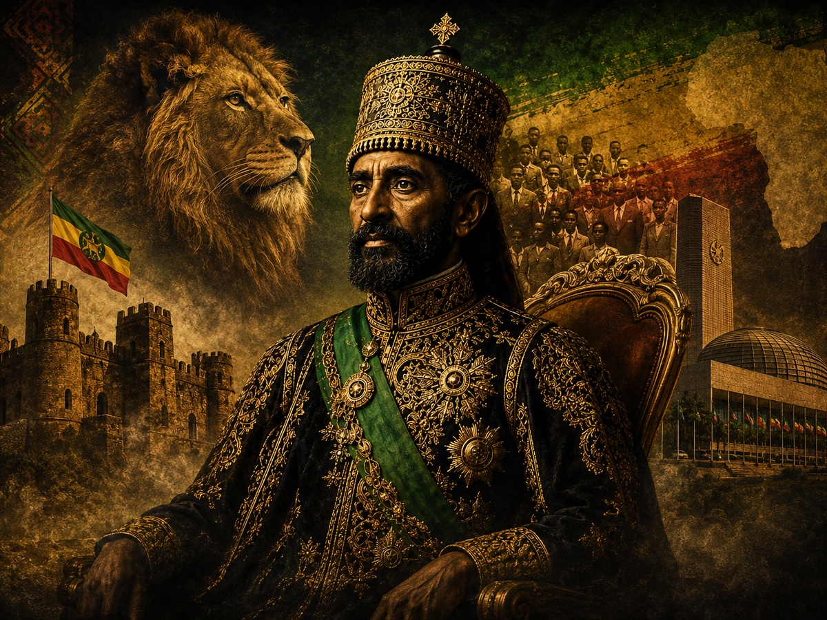 Haile Selassie I surrounded by Ethiopian and African historical imagery