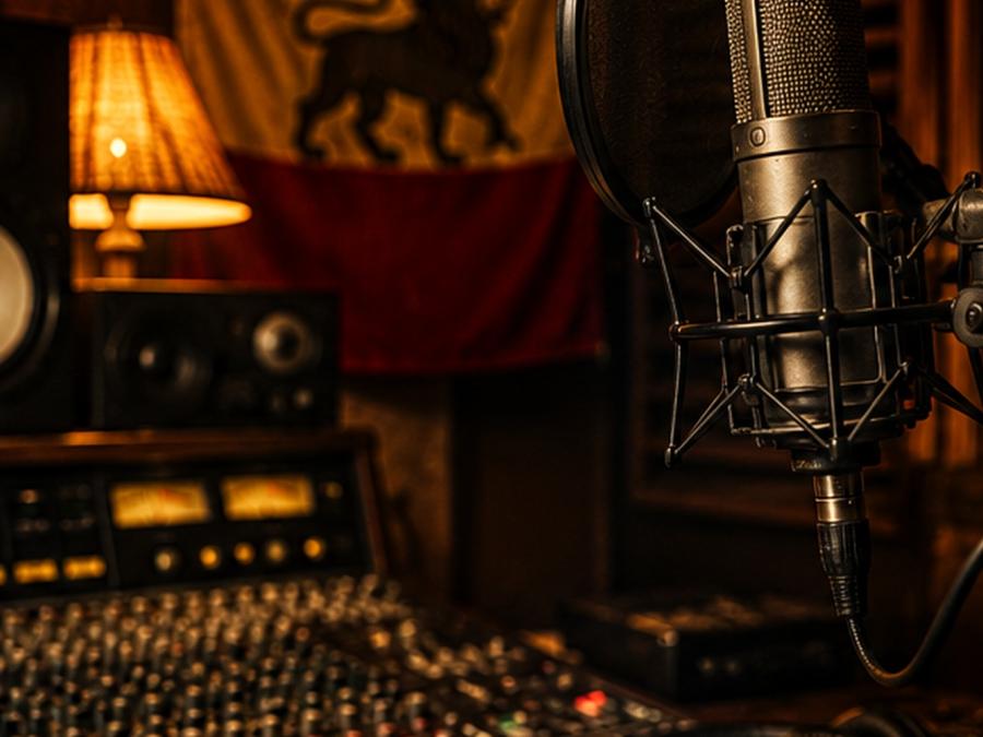 Reggae recording studio with microphone and mixing desk