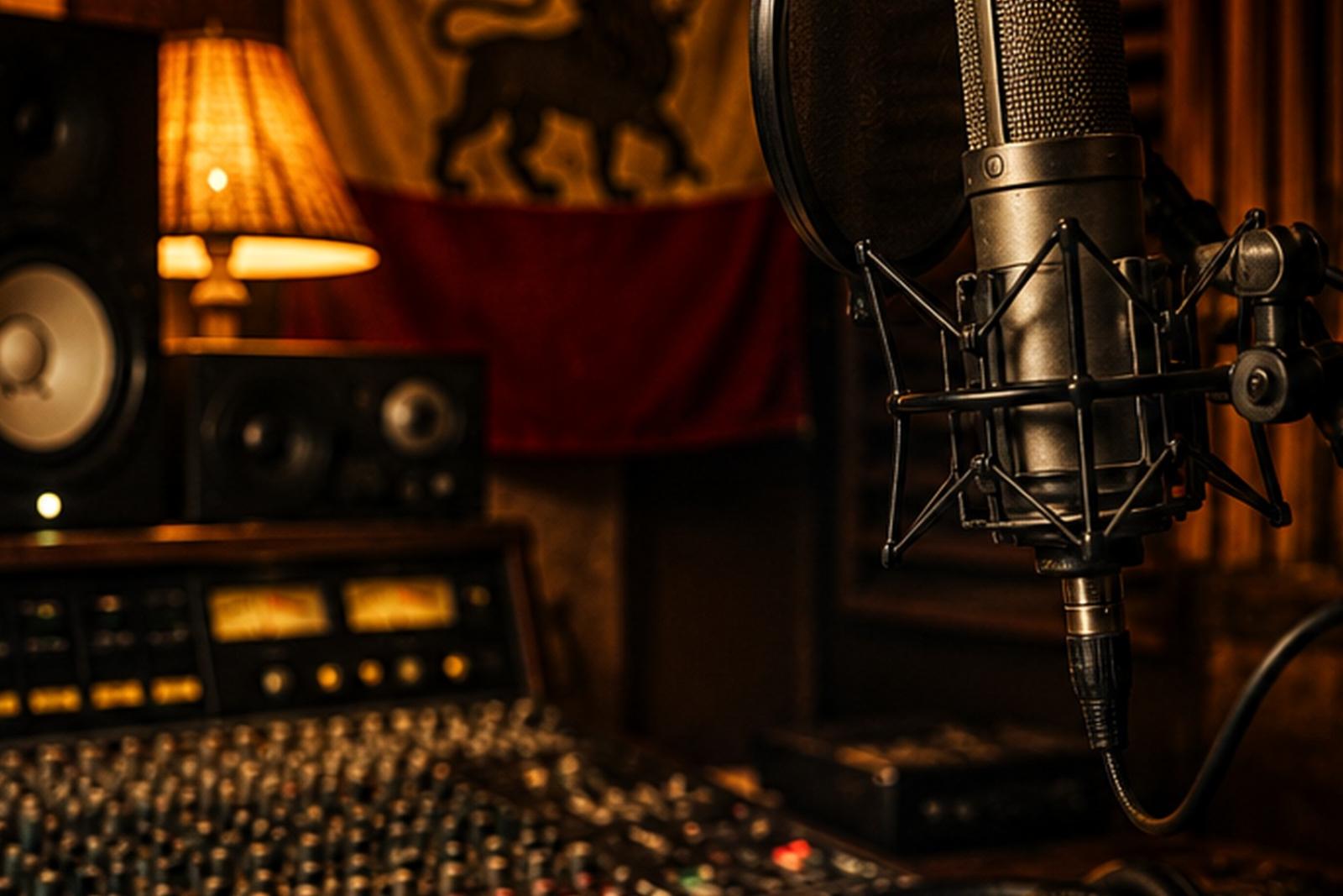 Reggae recording studio with microphone and mixing desk