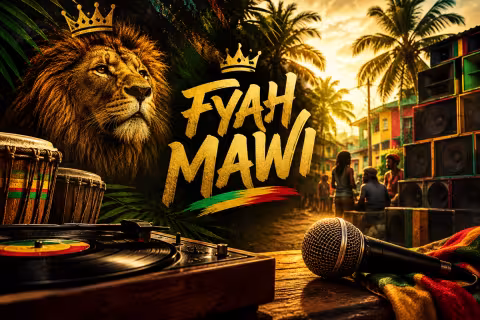 Roots reggae instruments and performance details accented in green, gold and red.